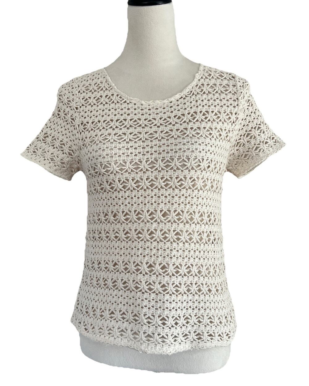 Joie Crochet Sweater Top Womens Medium Cream Short Sleeve Cotton Blend Boho